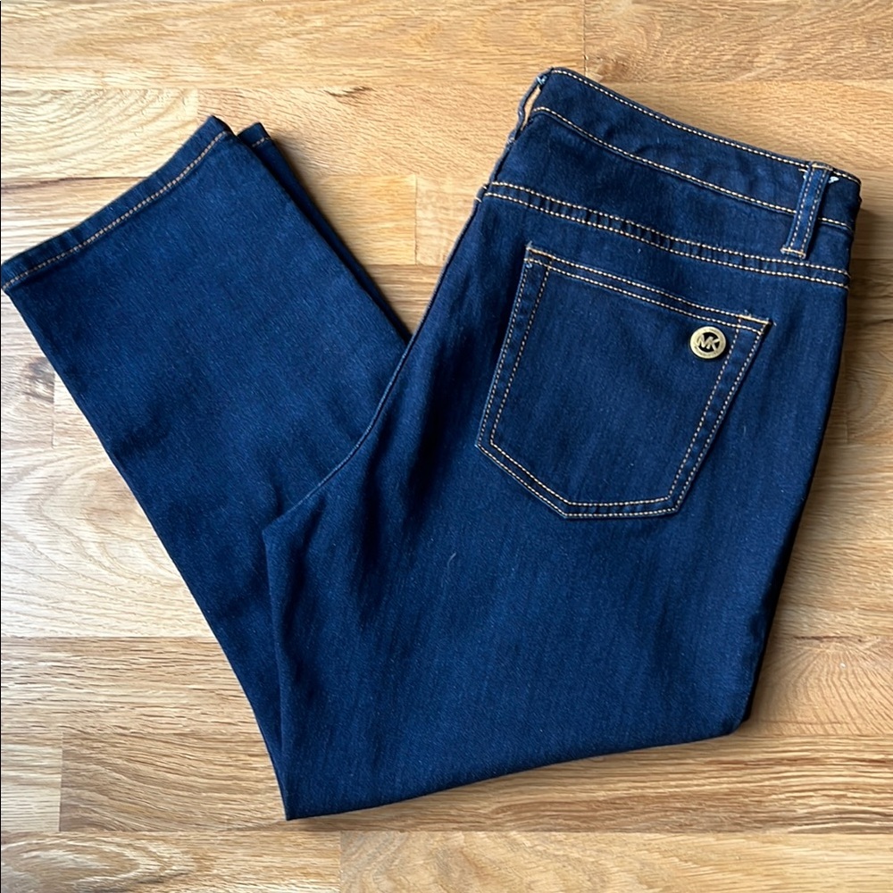 Michael Kors Cropped Dark Jeans, Gold Stitching, Mid-rise, Stretch, size 10